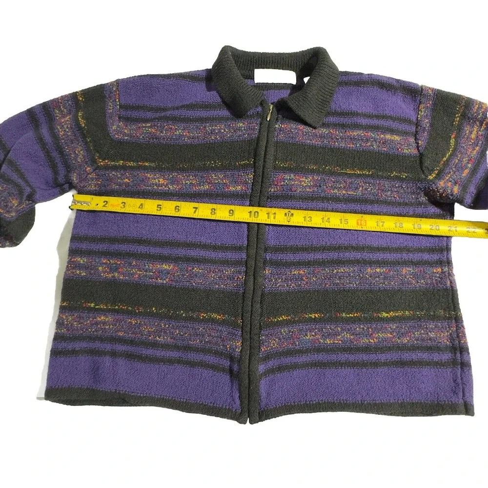 Amanda Smith‎ Women M Full Zipper Knit Sweater Purple Multi Colored Stripes